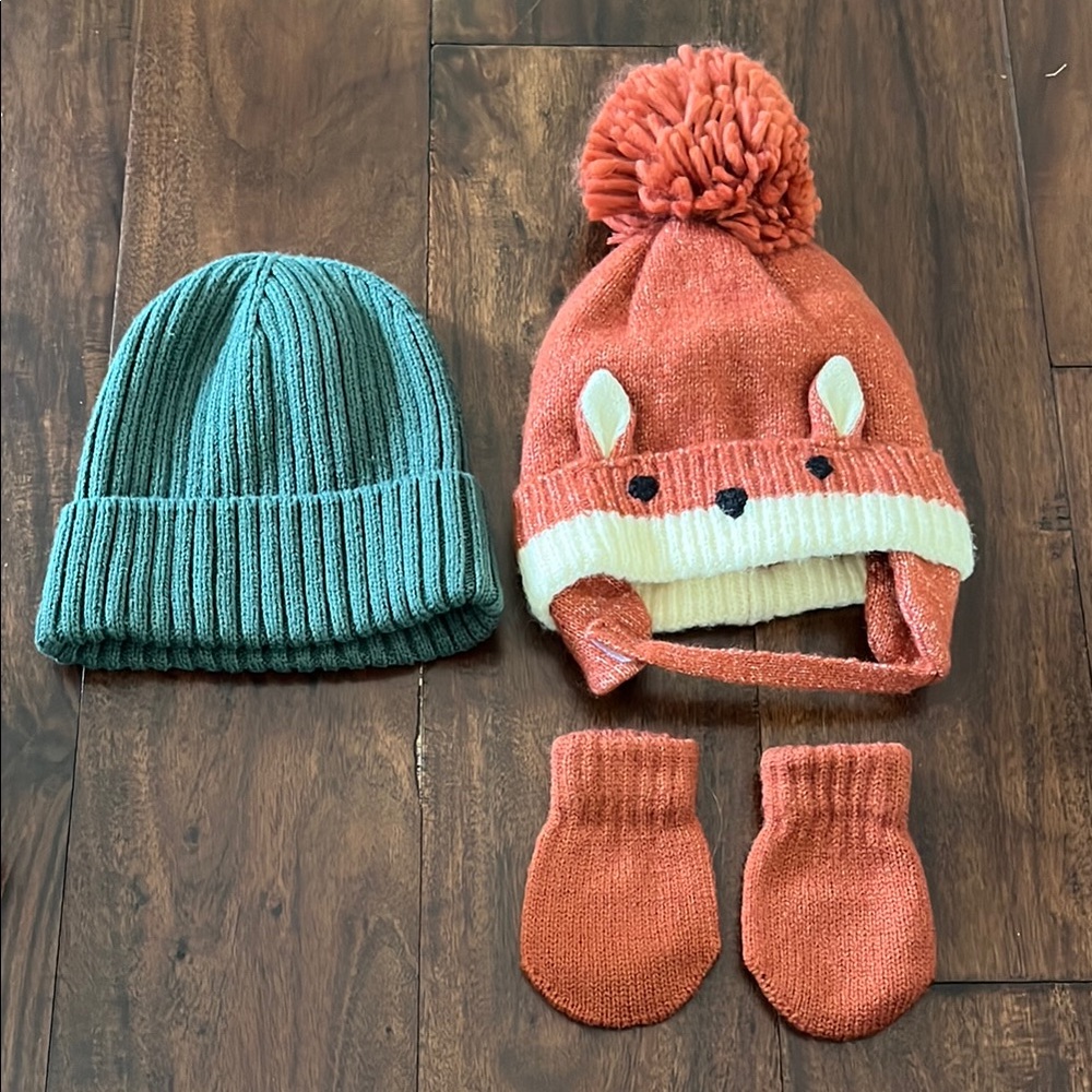 Orange Fox Hat and Mittens Set with Green Beanie